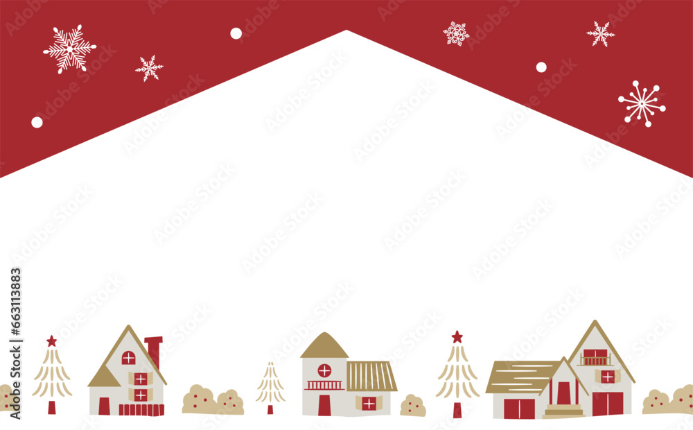 おしゃれなクリスマスやホリデーシーズンのコピースペースのある雪のふる冬の街並み_手描き風ベクターイラストフレーム・背景_家 おしゃれなクリスマスやホリデーシーズンのコピースペースのある雪のふる冬の街並み_手描き風ベクターイラストフレーム・背景_家