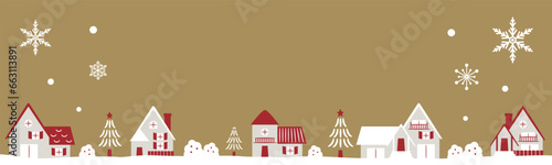 おしゃれなクリスマスやホリデーシーズンのコピースペースのある雪のふる冬の街並み_手描き風ベクターイラストフレーム・背景