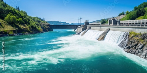 Hydroelectric dam generating green energy from flowing water.