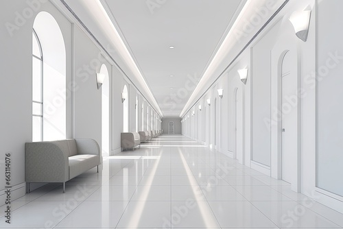 Interior design of a modern luxurious white building corridor or hallway with waiting seat.