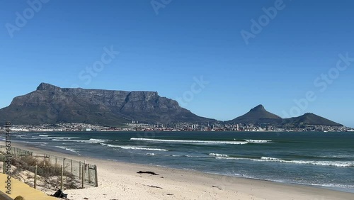 Cape Town at the foot of Table Mountain with beach views on a blue sky day