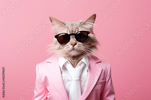 A cat is wearing sunglasses and suit on Pink Background. © Ahasanara