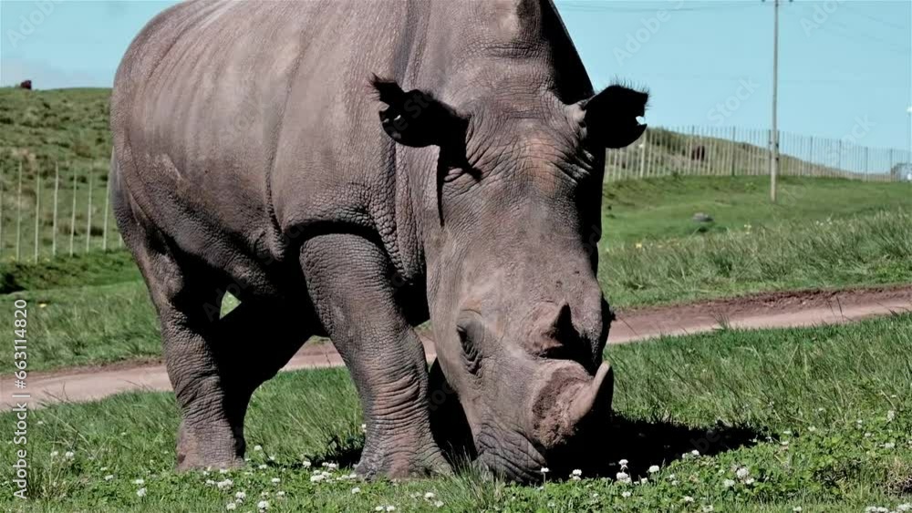 Rhinoceros with horns grazing on a field Rhinoceros with horns grazing on a field