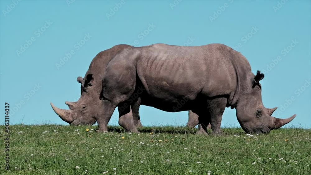Two rhinos grazing on a green field with a blue sky with their horns in tact Two rhinos grazing on a green field with a blue sky with their horns in tact