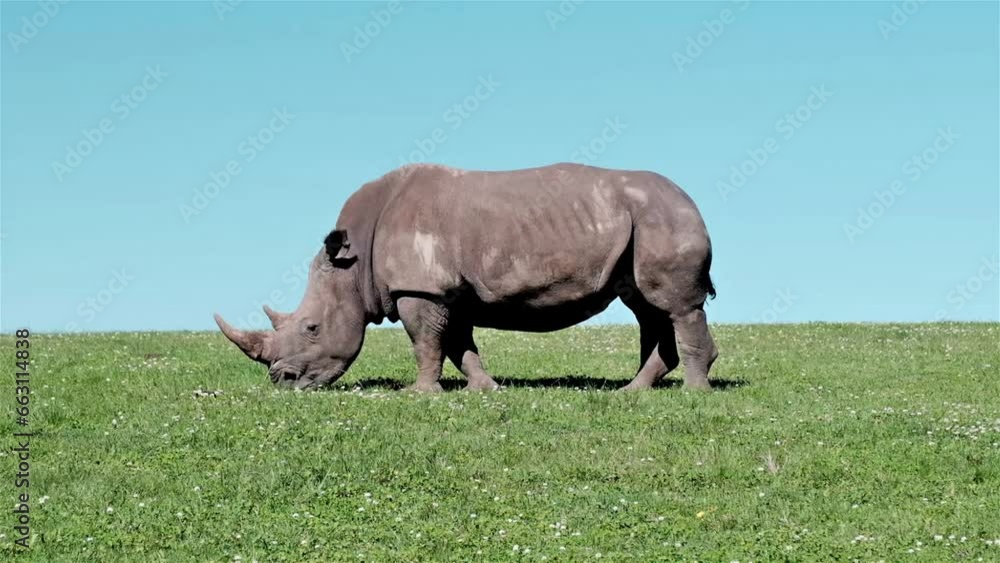 Rhinoceros with horns on a green field and blue sky grazing on a grass Rhinoceros with horns on a green field and blue sky grazing on a grass