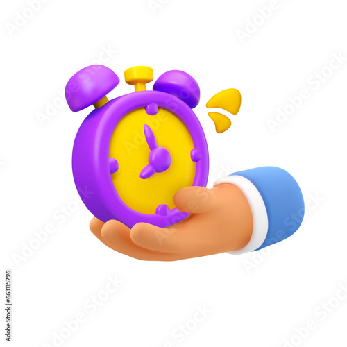 Vector 3d businessman hand holding alarm clock. Self organization and time management concept. Working time icon isolated on white background