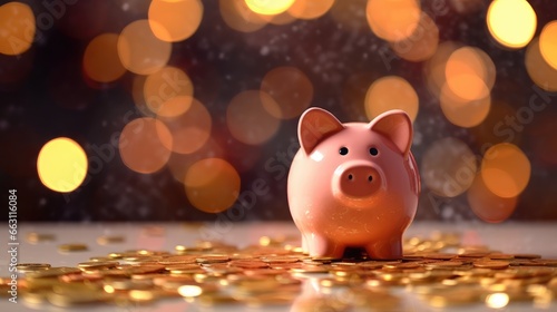 Piggybank on Coins with Glowing Bokeh Background Lights