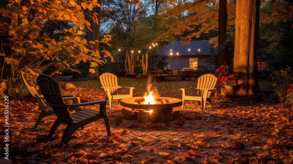 Cozy Fire Pit Illuminates Autumn Backyard Night Landscape