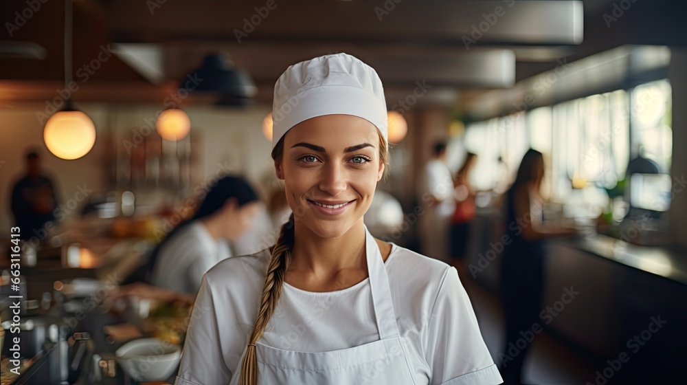 Beautiful cook wearing a white cooking hat and apron stands smiling and looking at the camera. Behind there is a chef preparing food. Beautiful cook wearing a white cooking hat and apron stands smiling and looking at the camera. Behind there is a chef preparing food.