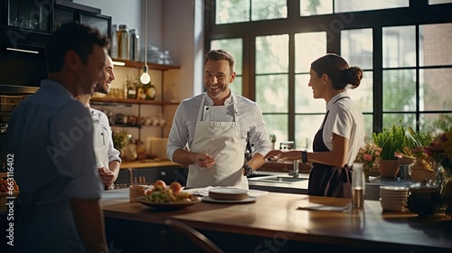 An adult chef stands by the kitchen table to talk with two employees and discuss the quality of the products