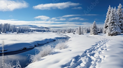 Breathtaking Winter Wonderland with Frosty Trees and Stream