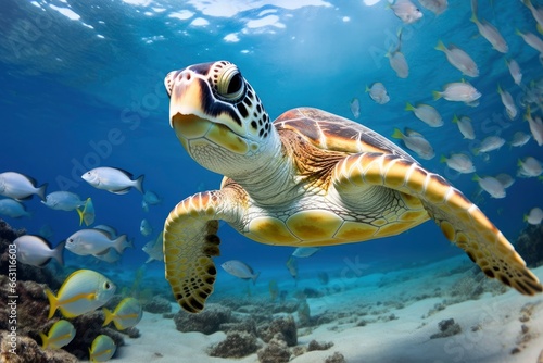 Turtle closeup with school of fish. © Ahasanara