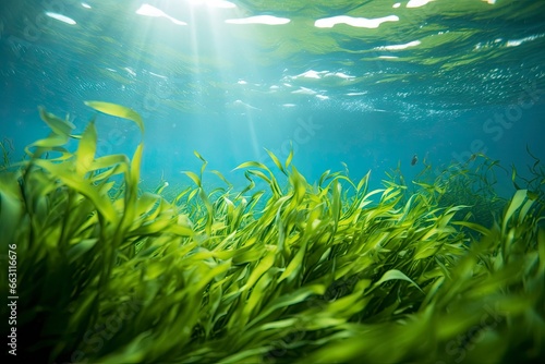 Underwater view of a group of seabed with green seagrass. © Ahasanara