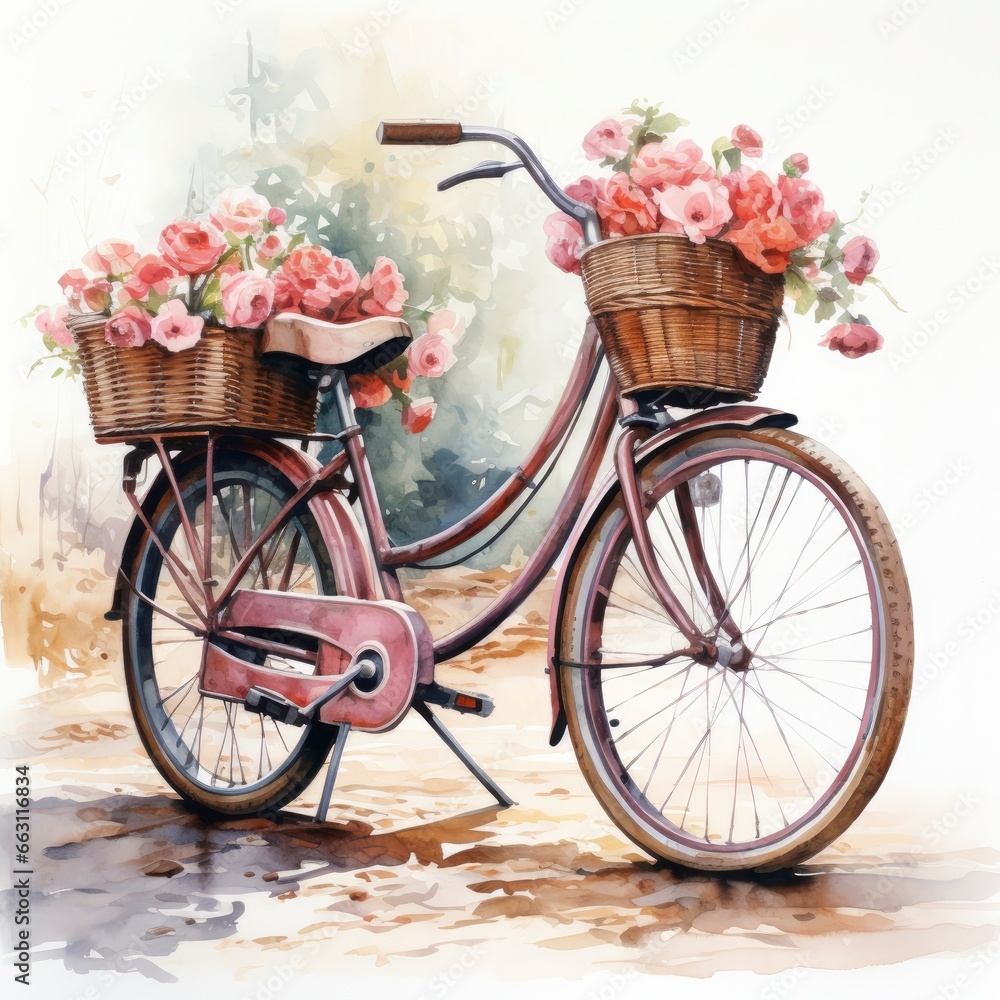 Watercolor bicycle with flowers in the basket isolated on white background.