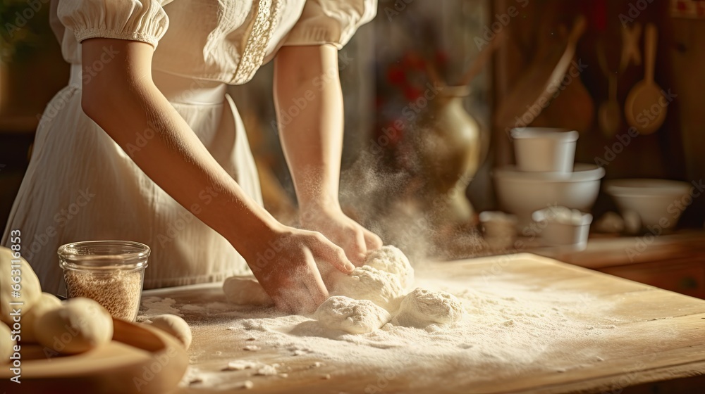 Close-up of a housewife kneading dough and making the gluten very elastic. With a chicken egg on the back. - obrazy, fototapety, plakaty 