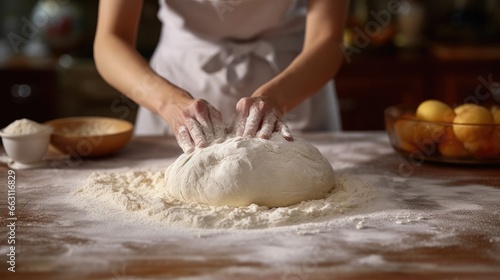 Close-up of a housewife kneading dough and making the gluten very elastic. With a chicken egg on the back.