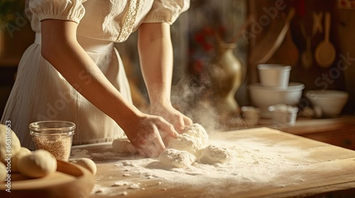 Close-up of a housewife kneading dough and making the gluten very elastic. With a chicken egg on the back. photo