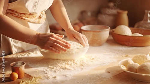 Close-up of a housewife kneading dough and making the gluten very elastic. With a chicken egg on the back.