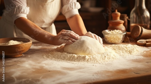 Close-up of a housewife kneading dough and making the gluten very elastic. With a chicken egg on the back.
