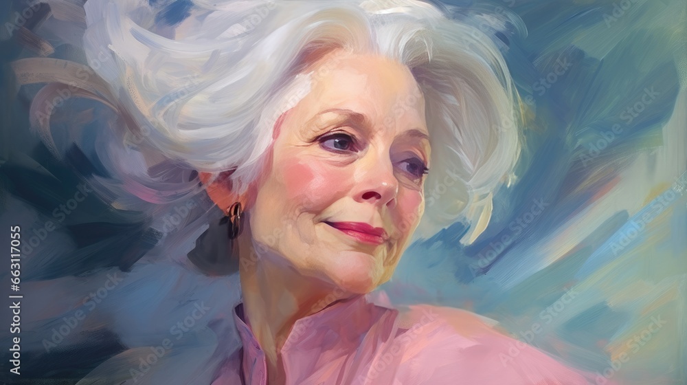 Radiant mature woman with flowing hair in soft glow Radiant mature woman with flowing hair in soft glow