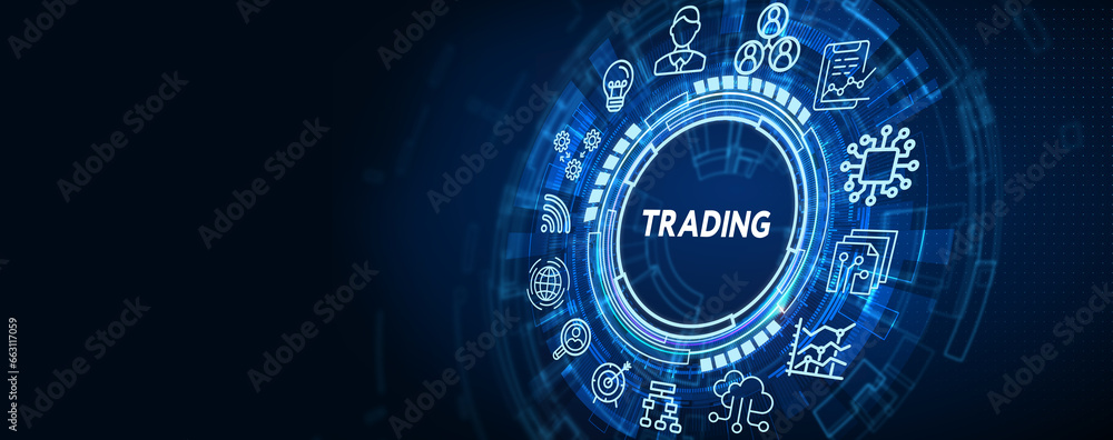 Trading word on digital screen, global communication concept. 3d illustration Trading word on digital screen, global communication concept. 3d illustration