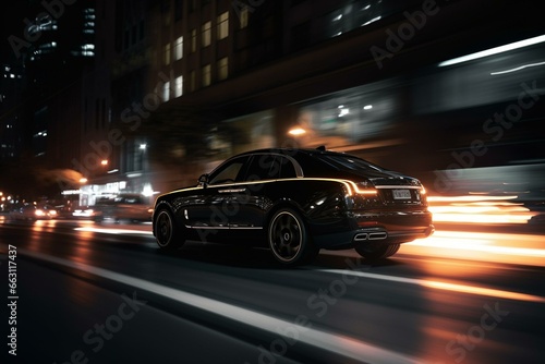 detailed shot of a luxurious vehicle speeding through a bustling urban area after dark. Generative AI