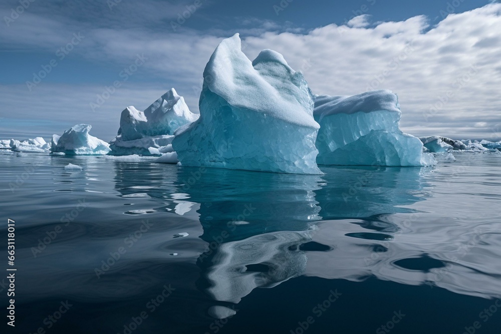 Three-dimensional ice formations floating in the sea. Generative AI