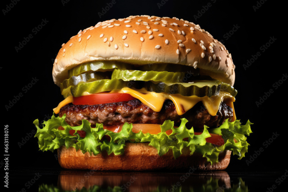 A delicious cheeseburger with fresh lettuce, ripe tomato, and tangy pickles A delicious cheeseburger with fresh lettuce, ripe tomato, and tangy pickles