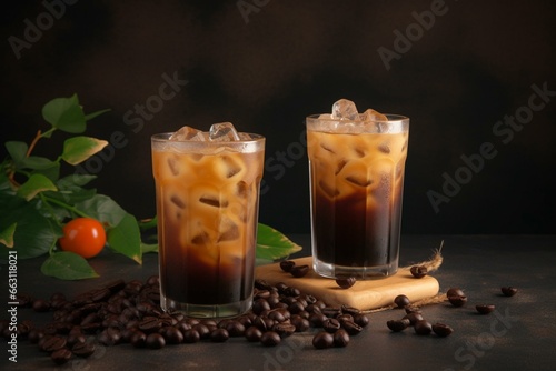Two iced drinks with coffee beans. Generative AI