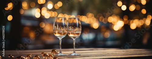 Sparkling wine glasses amidst shimmering golden evening ambiance