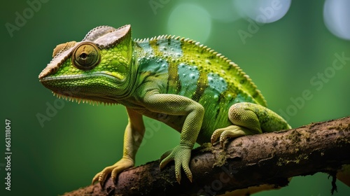 Chameleon reptile perches on a branch. © Ahasanara