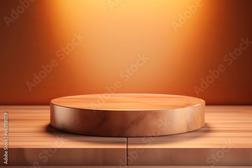 Round wooden chopping block for Japanese chef prepare ingredients on the kitchen table with radial orange light effect center in the background