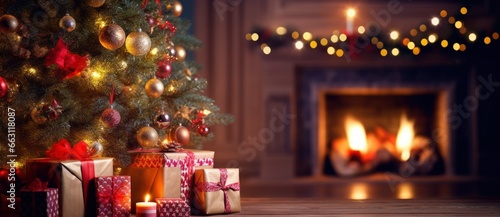 Christmas Home Room, Gift Box Below Tree With Lights And Fireplace. © Ahasanara