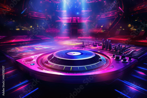 A DJ's turntable illuminated by vibrant lights in a dimly lit room