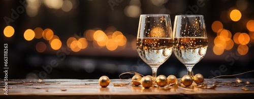 Sparkling wine glasses amidst shimmering golden evening ambiance photo