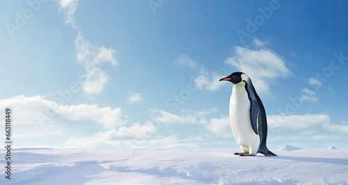 Penguin standing in Antarctica looking into the blue sky.