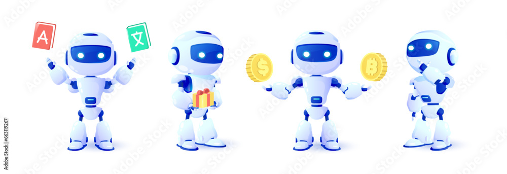 Set of 3d robots in different views. Online communication with artificial intelligence chat bot. Modern technology. Online consultation. Set of 3d robots in different views. Online communication with artificial intelligence chat bot. Modern technology. Online consultation.