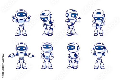 Robot character set for the animation with various poses. Vector illustration.