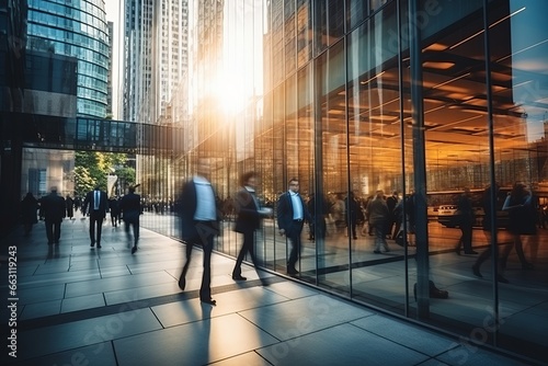 Motion blur photo of business people walking down a busy city street surrounded by towering skyscrapers created with Generative AI technology