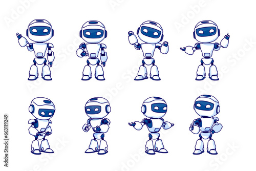 Robot character set for the animation with various poses. Vector illustration.