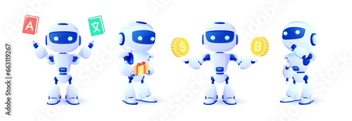 Set of 3d robots in different views. Online communication with artificial intelligence chat bot. Modern technology. Online consultation.