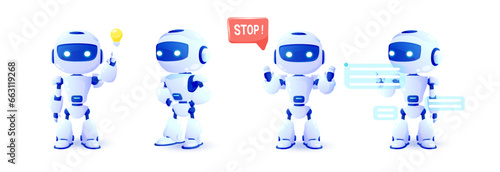 Set of 3d robots in different views. Online communication with artificial intelligence chat bot. Modern technology. Online consultation.
