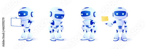 Set of 3d robots in different views. Online communication with artificial intelligence chat bot. Modern technology. Online consultation.