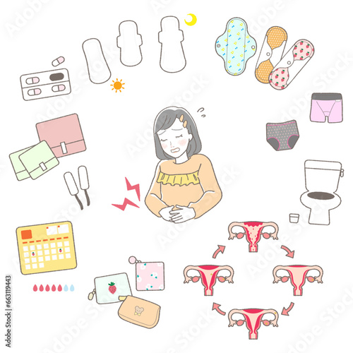 Illustration Set of Girls during Menstruation.