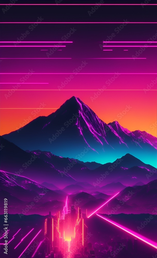 Fototapeta premium Digital Artistry: Mesmerizing Sunset in a Neon Grid Cityscape