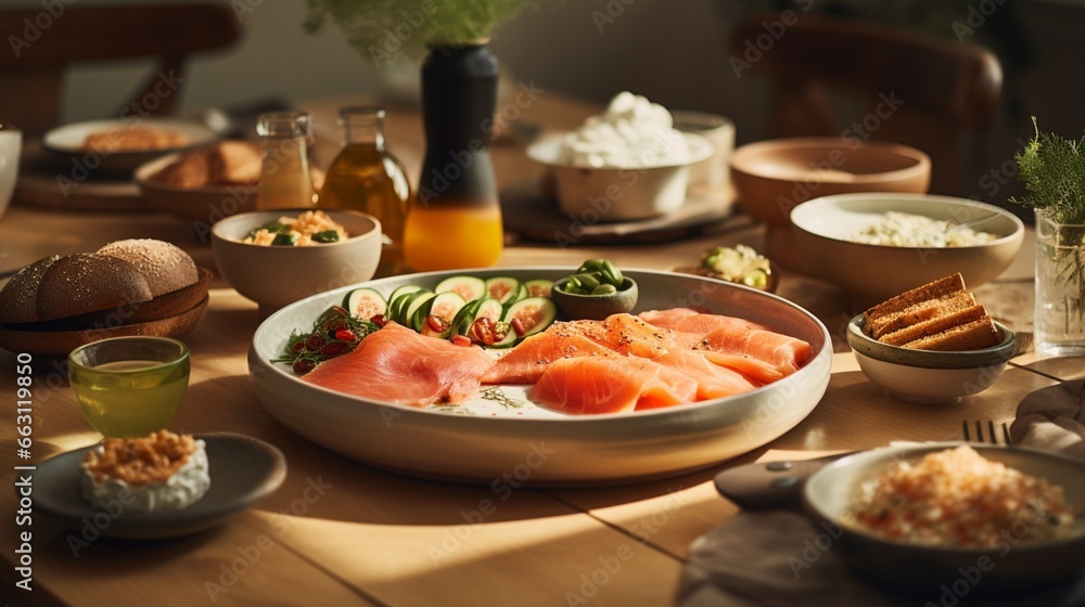A modern Scandinavian breakfast scene, with a sleek wooden table hosting a spread of smoked salmon, crisp rye crackers, and bowls of creamy skyr, all bathed in soft northern light