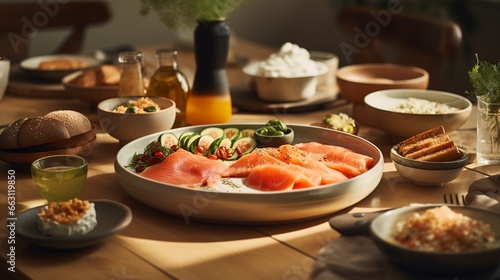 A modern Scandinavian breakfast scene  with a sleek wooden table hosting a spread of smoked salmon  crisp rye crackers  and bowls of creamy skyr  all bathed in soft northern light