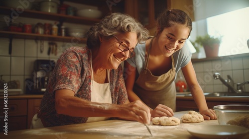 Happy grandmother kneading dough with daughter-in-law in the kitchen