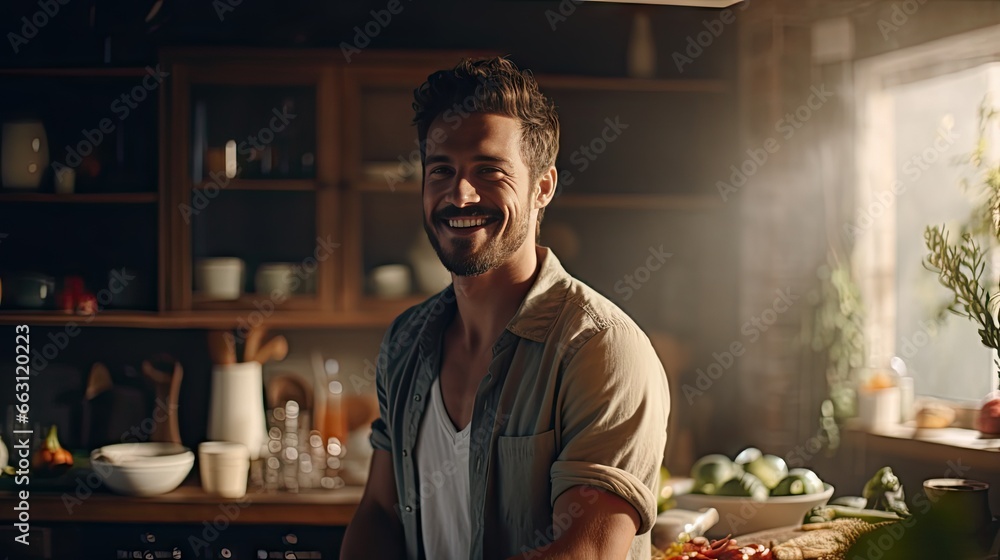 Smiling handsome young man cooking in the kitchen Smiling handsome young man cooking in the kitchen