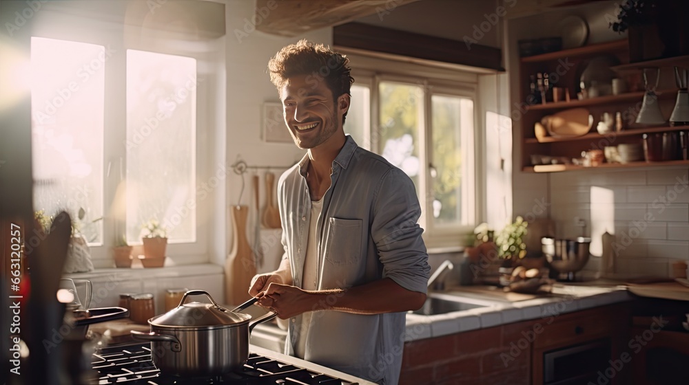Smiling handsome young man cooking in the kitchen Smiling handsome young man cooking in the kitchen